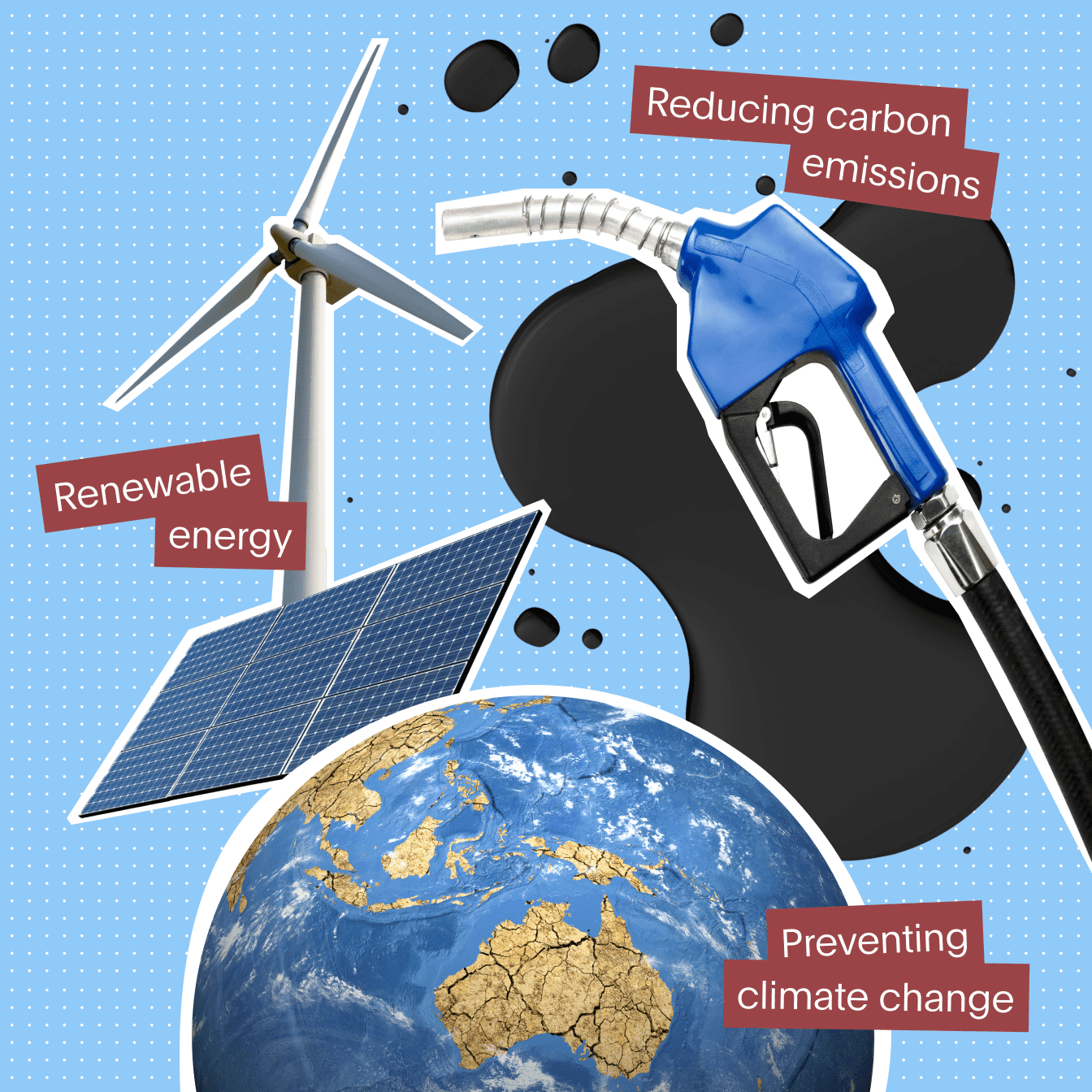 Collage graphic showing energy sources like gas, solar and wind above planet earth